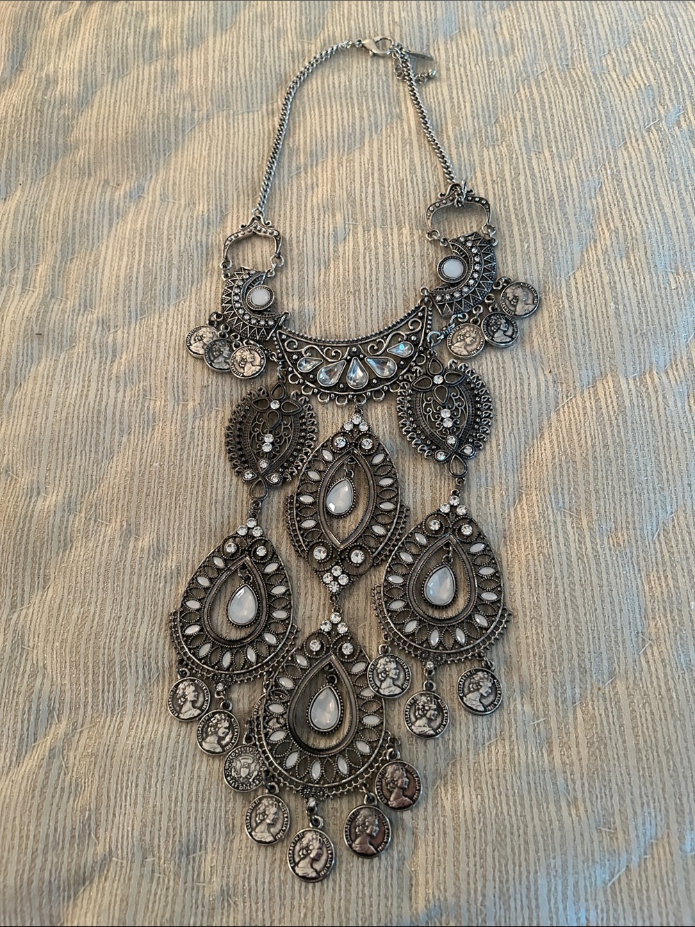 Natasha Couture Silver-Tone Filigree Teardrop Bib Necklace with White Cabochons